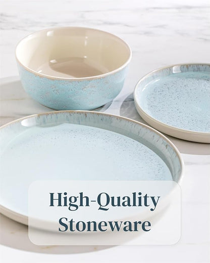 Stoneware dinnerware set 8 persons 24 pcs – Modern style plates and bowls set ceramic – Microwave safe dinner plates and bowls set – Bowl and plate set – Dinner service Pure Living beige & light blue