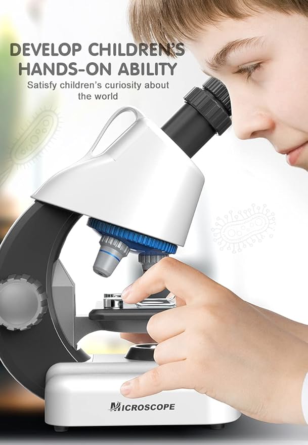 Kids Educational Microscope - Up to 40-1200x Zoom, LED Light, Glass Material, White Color, Perfect for STEM Learning & DIY Experiments