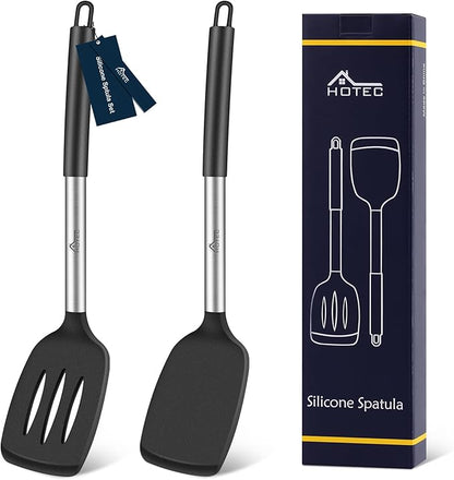 HOTEC Silicone Spatula Set of 2 Heat-Resistant 600°F & BPA-Free Kitchen SaptulaTurner with Stainless Steel Handles, Slotted & Solid Spatulas for Nonstick Cookware, 13.7 Inch, Black