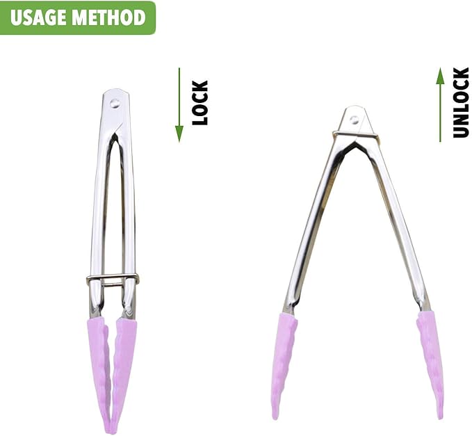 7-Inch Serving Tongs with Silicone Tips Clam Shell Mini Tongs, Set of 3 (Pink)