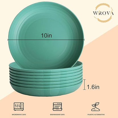 Wrova Wheat Straw Plates - 10 Inch Unbreakable Dinner Plates Set of 8 - Dishwasher & Microwave Safe Plastic Plates Reusable for Indoors and Outdoors (Green)
