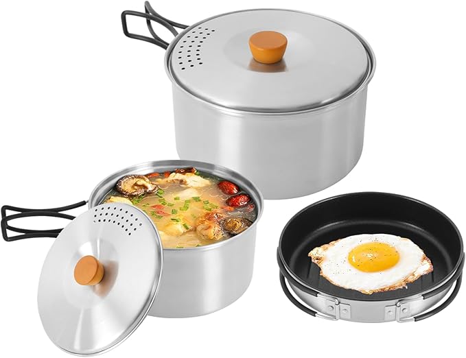 Camping Cookware Set, Camping Cooking Set,304 Stainless Steel Camping Pots &Frying Pan Set,Campfire Cooking Equipment with Storage Bag for Camping,Household, Hiking, Beach Trips