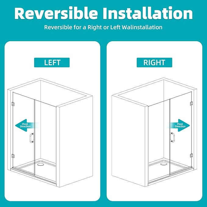 Pivot Swing Shower Door, Adjustable Width 58.9-60" W x 74" H Semi-Frameless