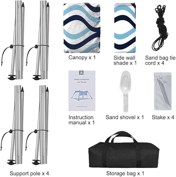 Beach Canopy Tent Shade with Sidewalls 10x10FT, 6.6FT Tall, UPF50+ Sun Shelter, Windproof & Water Resistant, Includes Guylines Sand Shovel Stability Poles, Easy Up for Beach Outdoor Camping Backyard