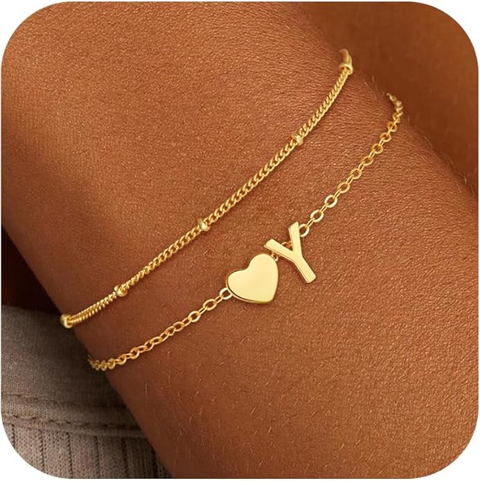 Gold Initial Bracelets for Women Girls - 14K Gold Plated Heart Initial Bracelet Teen Girl Gifts Trendy Stuff Dainty Gold Bracelets for Women Girls Trendy Jewelry Gifts