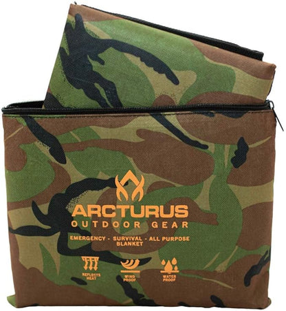 Arcturus Insulated Tarp, Reusable Heavy Duty Thermal Survival Blanket ??60x82in, Reflects 90% Body Heat, Waterproof, Windproof, 3-Layer Design, Reinforced Grommets, Woodland Camo