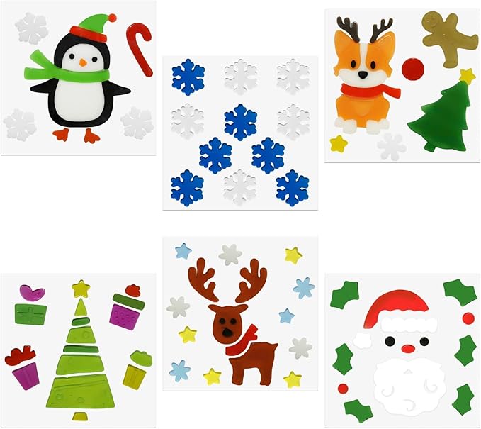 6Pcs Christmas Thick Gel Clings, Christmas Clings Window Stickers Supplies for Children Jelly Window Stickers, Cute Pumpkins Witch Bats Window Clings Easy to Paste Xmas Window Decors Supplies