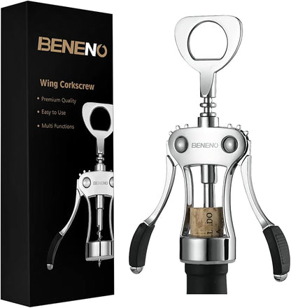 Beneno Wine Opener, Zinc Alloy Premium Wing Corkscrew with Multifunctional Bottles Opener, Sharp Wine Corkscrew with Ergonomic Non-Slip Wing Handle, Upgrade