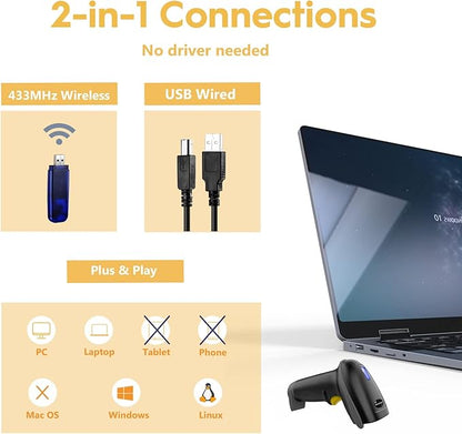 NADAMOO Wireless Barcode Scanner 328 Feet Transmission Distance USB Cordless 1D
