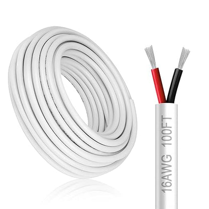 16 Gauge 2 Conductor Electrical Wire, 100FT White Stranded Low Voltage 16/2 PVC
