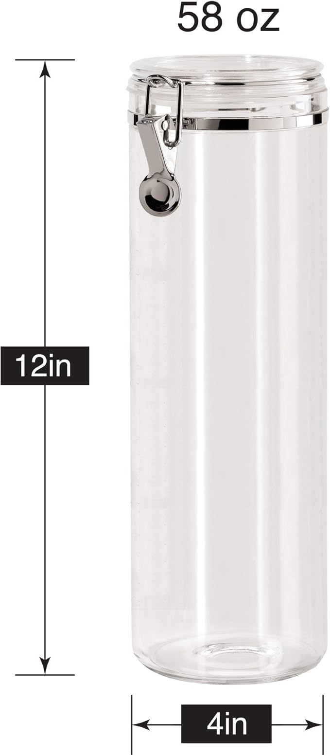 Oggi Tall Clear Canister with Clamp Lid, 58 oz - Large Airtight Food Storage Container, Ideal for Kitchen & Pantry Storage of Bulk, Dry Foods Including Pasta & Spaghetti