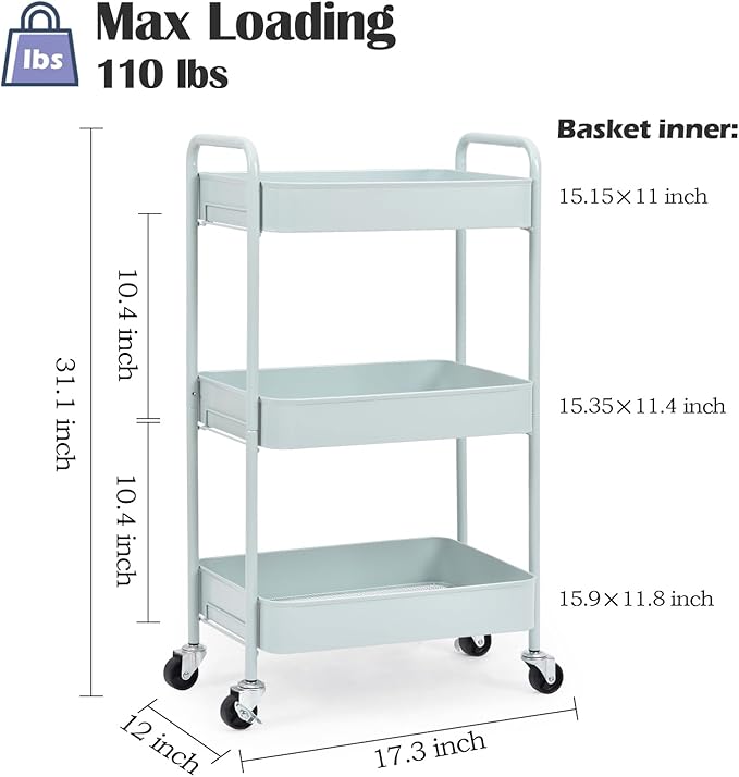TOOLF 3-Tier Metal Rolling Cart