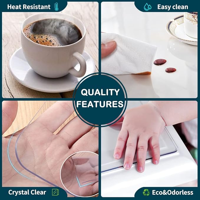 Clear PVC Tablecloth Protector Plastic Wipeable Heat Resistant Vinyl PVC Desk Top Pad Cover for Kitchen Dining Room Furniture End Table Rectangle Oblong Rectangular Tables Mat Good for 48x86 or 80 in