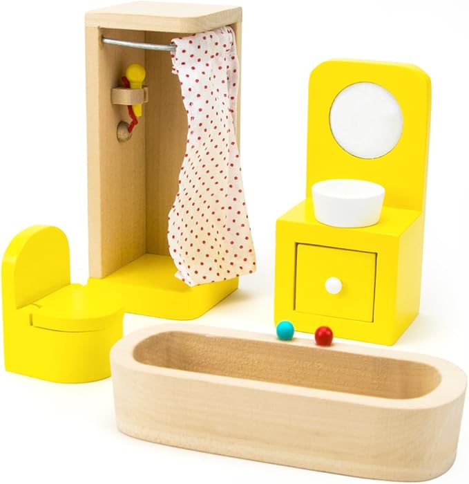 Wooden Dollhouse Furniture|Made of Safe Wood and Bright Water-Based Paint|Compatible with Most Doll Houses|Bathroom