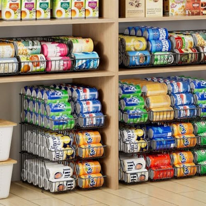 6 Pack Can Storage Organizer for Pantry, Stackble Lengthen Can Holder Rack，Max Can Dispensers & Canned Goods Organizer Baskets For Various Soup Soda Canned Food Drinks, Hold More 66 Cans, Black