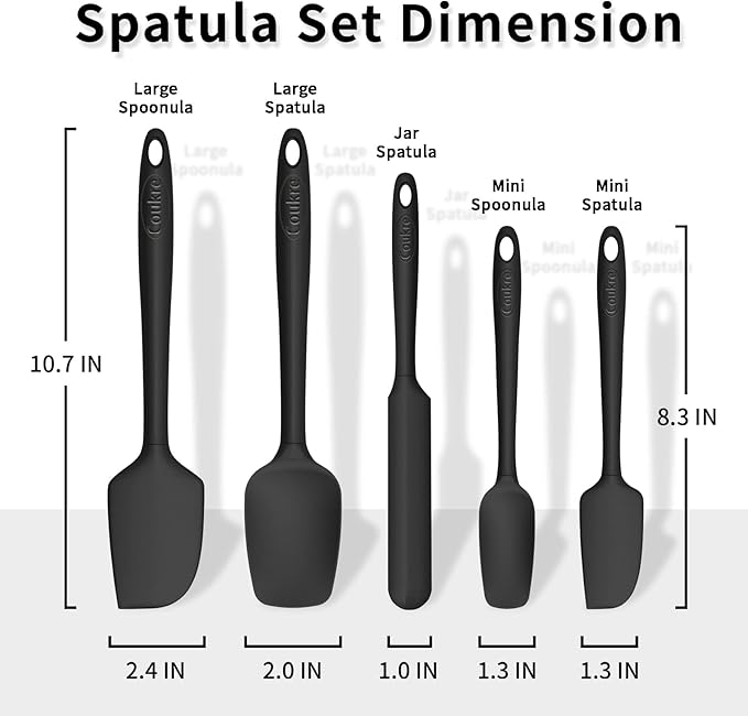Coukre Silicone Spatula Set of 5,High Temperature Resistant, Food Grade Silicone, Dishwasher Safe, for Baking, Cooking (Pure Black)