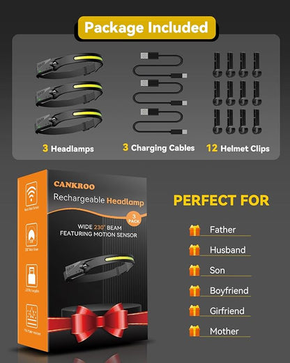 Headlamp Rechargeable 3 Pack, 230° Wide Beam Running Head Lamp Hands Free for Adults, Head Lights for Forehead, Head Flashlight with Hard Hat Clips for Runners, Hunting, Hiking, Camping
