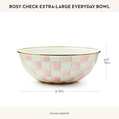 MACKENZIE-CHILDS Enamel Everyday Bowl, Serving Bowl for Entertaining, Extra-Large, Pink-and-White Rosy Check, Set of 1