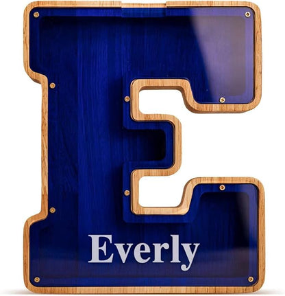 Summidate Customized Name Large Wooden Piggy Bank for Kids Boys Girls Alphabets Letter A-Z Coins Bills Money Change Bank Box Initial on Clear Cover (Laser Engraved) (Alphabet-B, Personalized-9")