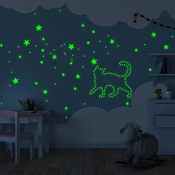 Glow in The Dark Stars Wall Stickers - 6 Sheets 307 Pcs Glowing Wall Decals Ceiling Stickers, Stick on Stars Glow in The Dark for Baby Kids Bedroom Wall Decor