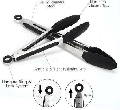 Kitchen Tongs, 2pcs Barbecue Tongs 10 inch & 12 inch with Silicone Tips, 1pc Brush Stainless Steel Cooking Tongs with Heat Resistant Handle for BBQ Serving, Grilling, Buffet, Dishwasher Safe (Black)