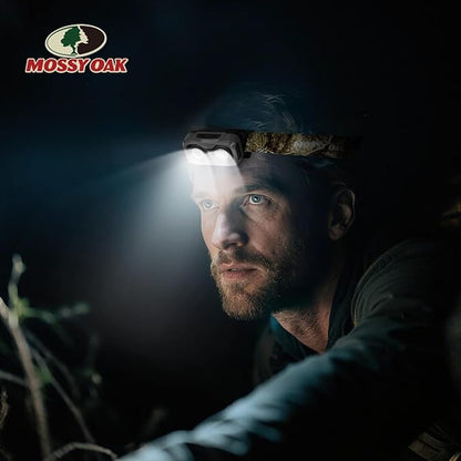 Mossy Oak 600 Lumens Rechargeable Headlamp, Lightweight LED Headlight with White & Red Light, Waterproof Head Lamp with Non-Slip Band, Dimmable & Memory Function for Camping, Running, Hiking, Outdoors