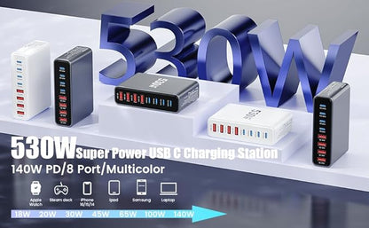 530W USB C Charger Block, 8-Port USB C Charging Station GaN IV Travel