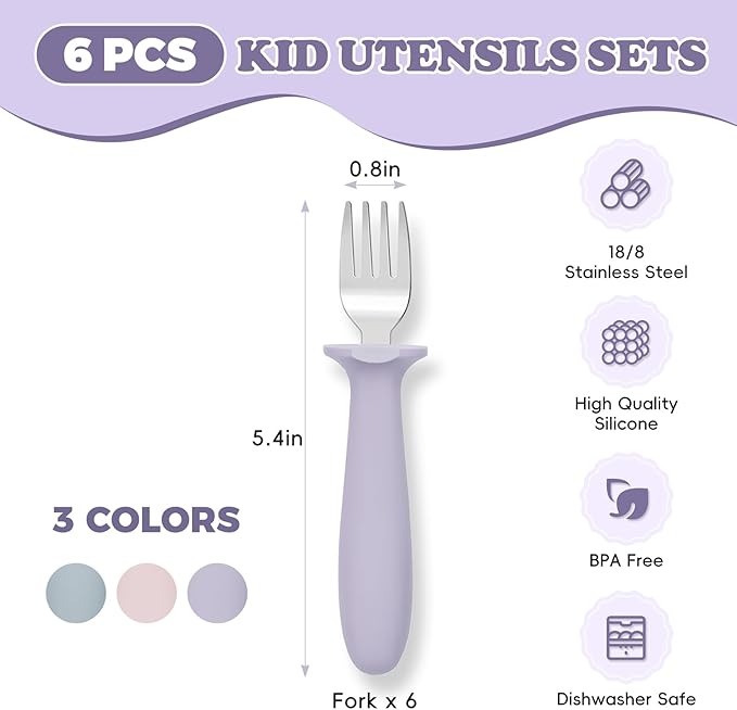 6 PCS Toddler Forks Set - Baby Forks with Silicone Handle Children Food Grade 18/8 Stainless Steel Toddler Utensils Set for Self Feeding Kids Silverware Set Safe Anti-Choke Design Dishwasher Safe