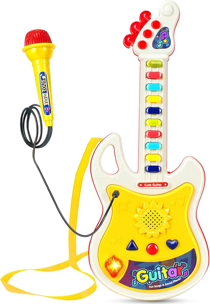 Toddler Guitar, Baby Musical Toys for Toddlers, Montessori Toys for 2 3 4 Year Old Boys Girls Pretend Play Gifts - Kids Guitar with Microphone & Piano Set Present for 1st First Birthday Christmas