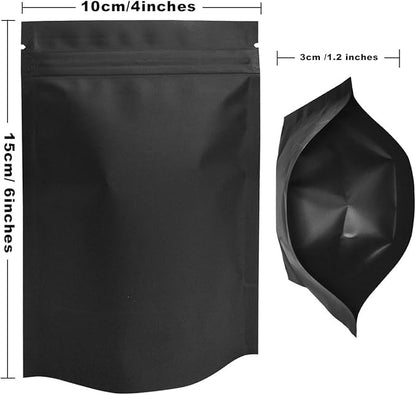 STUs 100 Pack Smell Proof Stand-Up Bags 4 x 6 Inch Resealable Mylar Bags Foil Pouch Double-Sided Bag Matte Black