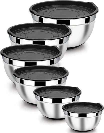 LIANYU Stainless Steel Nesting Mixing Bowls Set of 6 with Airtight Lids, Size 7, 3.5, 2.5, 2, 1.5, 1QT, Large Metal Bowls for Baking Cooking Food Storage, Non-slip Bottom, Black