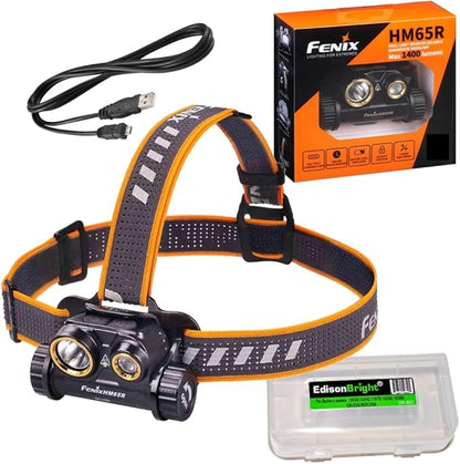 Fenix HM65R Dual Beam 1400 Lumen LED Headlamp, with EdisonBright Accessory case Bundle