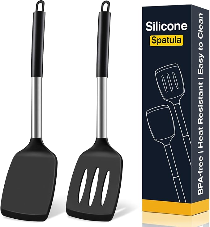 2 Pack Silicone Spatula Set, Solid & Slotted Turner