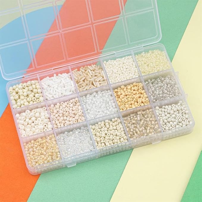 15 Color 4mm Small Assorted Glass Seed Beads,3mm Bugle Beads Friendship Bracelet Kit,2mm Tiny Tube Bead for Jewelry Making(White)