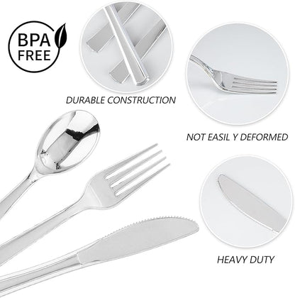 EI 360pcs Silver Plastic Silverware,Plastic Spoons and Forks,Plastic Silverware Heavy Duty,Disposable Plastic Cutlery include 120pcs Plastic Forks,120pcs Plastic Spoons and 120pcs Plastic Knives