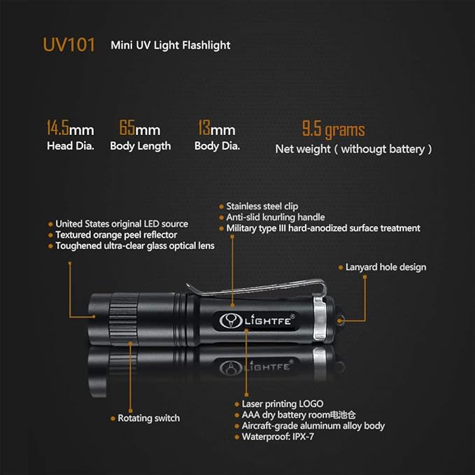 LIGHTFE Black Light 365nm UV Flashlight UV101D with High Power UV LED Source Keychain Light Powered by 1 AAA Battery for UV Glue Curing Light, Pet Urine Detector Light, AC Leak Detector…