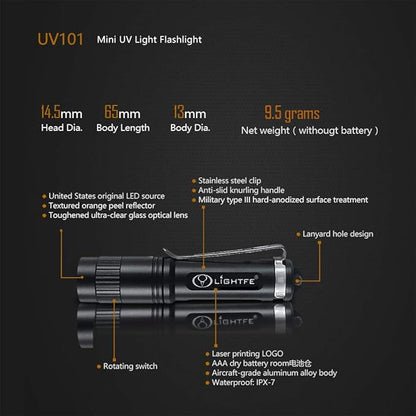 LIGHTFE Black Light 365nm UV Flashlight UV101D with High Power UV LED Source Keychain Light Powered by 1 AAA Battery for UV Glue Curing Light, Pet Urine Detector Light, AC Leak Detector…