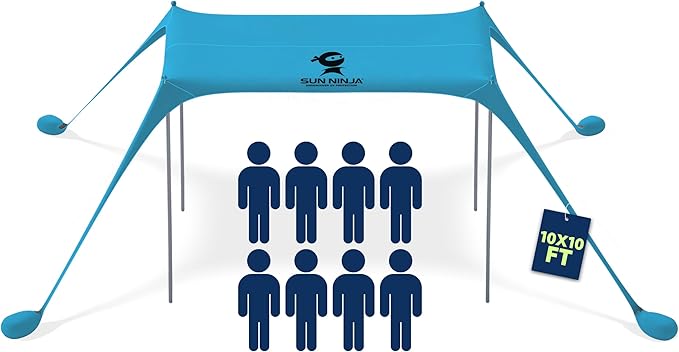 SUN NINJA Beach Tent Sun Shelter UPF50+ - Easy Pop Up Beach Canopy - Outdoor Shade for Camping Trips, Fishing, Backyard Fun Picnics - Sand Shovel, Ground Pegs & Stability Poles