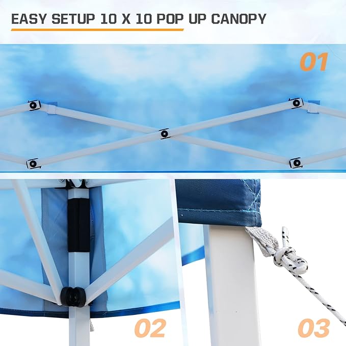 EAGLE PEAK 10x10 Slant Leg Pop-up Canopy Tent Easy One Person Setup Instant Outdoor Beach Canopy Folding Portable Sports Shelter 10x10 Base 8x8 Top (Tie Dye Blue)