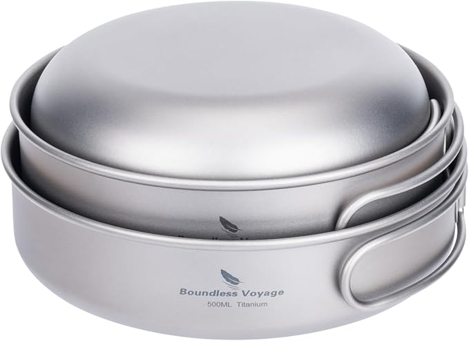 iBasingo 3-Piece Set Titanium Pot Set Camping Cooking Pan with Folding-Handle Outdoor Camp Cookware Pot Sets