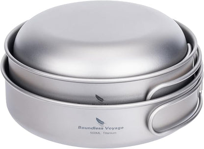 iBasingo 3-Piece Set Titanium Pot Set Camping Cooking Pan with Folding-Handle Outdoor Camp Cookware Pot Sets