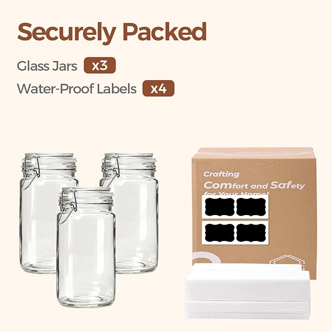 ComSaf Glass Jars with Airtight Lid Set of 3, Mason Jars 32 oz, Pickling Jar, Canning Jar 32oz, 32 oz Glass Containers with Lids for Kitchen, Pickle, Flour, Cereal, Pasta, Sugar, Herb