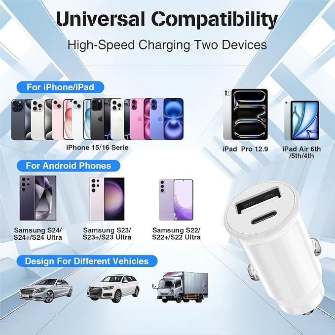 USB C Car Charger for iPhone 17 16 15 Pro Max,40W Dual Port USB-C & USB-A Car Fast Charging Adapter, 2X3FT C to C Cable & A to C Carplay Cable for iPhone 17 16 15 Series/iPhone Air, iPad, Samsung-Blue