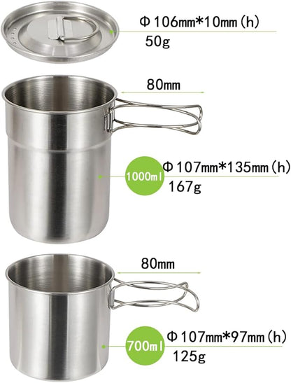 Camping Cups and Mugs Pot 2Pcs -304 Food Grade Stainless Steel - Outdoor Cookware Set with Vented Lid -33oz Big+24oz Small for Backpacking Picnic Hiking