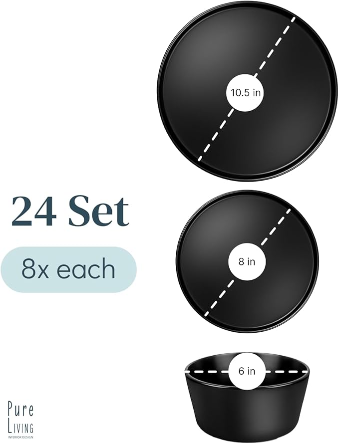 Stoneware dinnerware set 8 persons 24 pcs – Ultra chic matte black plates and bowls set – Dishwasher and microwave safe – Bowl and plate set – Dinner service Pure Living