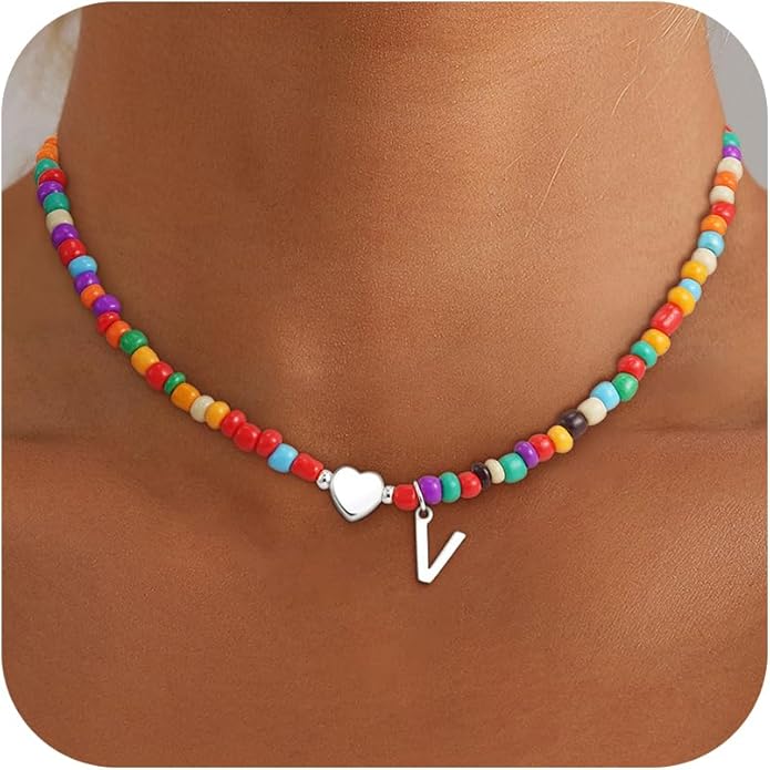 Colorful Initial Necklaces for Girls Women Kids - Teen Girls Gifts Trendy Beaded Initial Necklace Dainty Letter Gifts Choker Necklace for Girl Jewelry