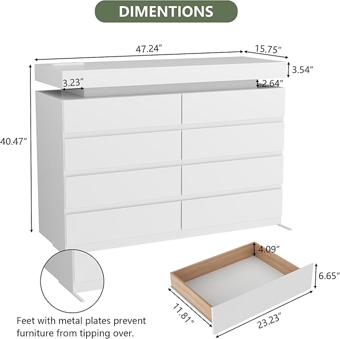8 Drawer Dresser with Power Outlet, Dresser with LED Light, Modern Chest of
