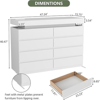 8 Drawer Dresser with Power Outlet, Dresser with LED Light, Modern Chest of