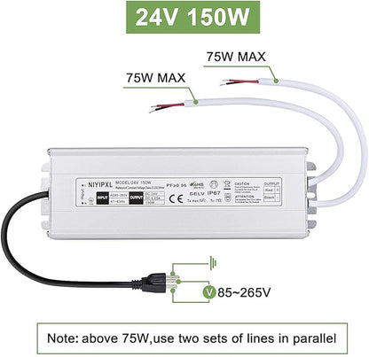 LED Driver 150 Watts 24V DC Low Voltage Transformer， Waterproof IP67 LED Power