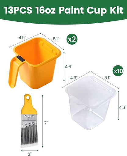 Voomey 13Pc Paint Cups for Painting, Small Paint Bucket Holds 16 oz. of Paint or Stain, Paint Cup, Paint Pail Liner, Brush, Trim Painting Tool, for Finishing Work and Repairs
